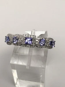 10K White Gold Natural Tanzanite Gemstone and Diamond Band Ring Size 7 - Picture 1 of 12