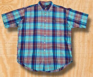VINTAGE POLO RALPH LAUREN SZ LARGE PLAID COTTON BLAIRE SPORT CAMP SHIRT RED BLUE - Picture 1 of 11