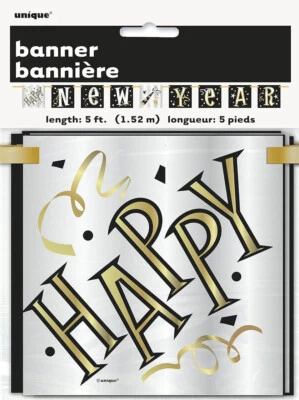 Happy New Year 5 Ft Ribbon Block Banner Decoration Black, Silver, Gold - Image 1 of 3