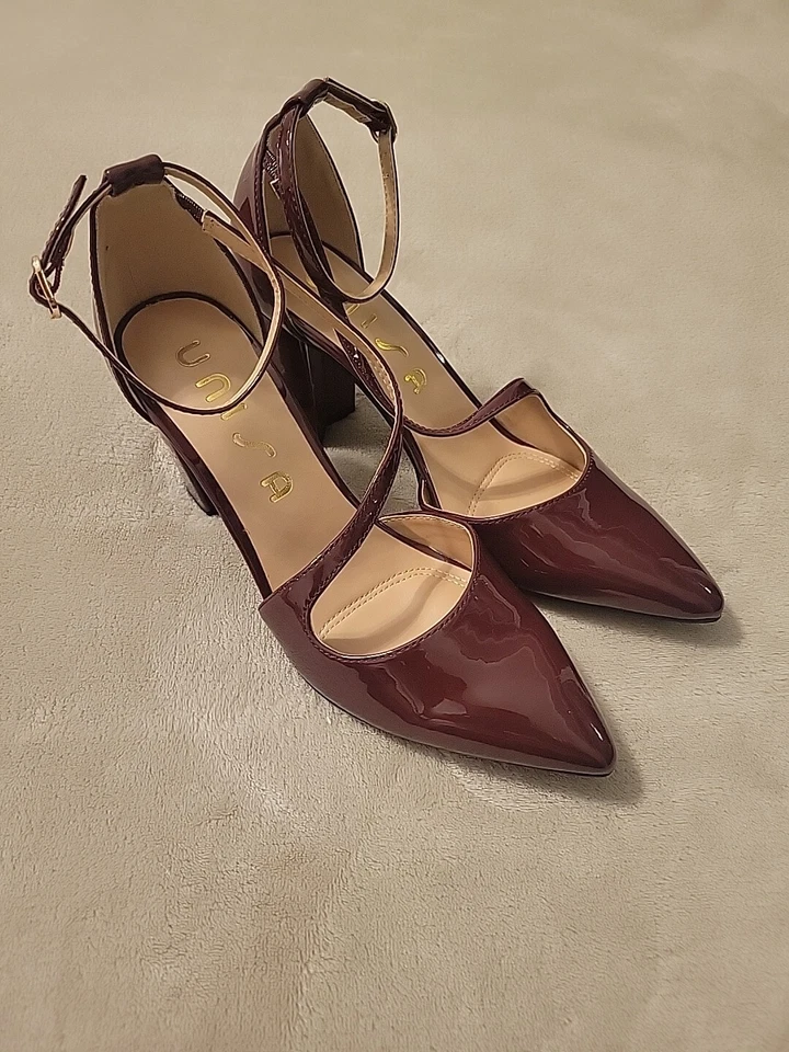 Unisa 勃艮第漆皮踝带高跟鞋 6M 码粗跟  — 第 1/4 张图片