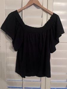 J Crew Smocked Square Neck Black Top size Medium Flare Sleeve Ss - Picture 1 of 2