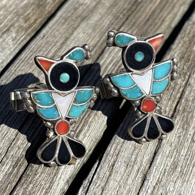 Zuni Vintage Flush Inlay Turquoise Spiny Older Bird Cufflinks Sterling Silver Ue - Image 1 of 4