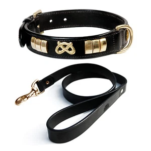 STAFFORDSHIRE DOG LEATHER COLLAR AND LEATHER LEAD COMBINE SET WITH BRASS FITTING - Picture 1 of 12