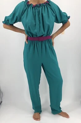 Green Purple PBJ Vintage 80s Ruffled Collar Jumpsuit Belted Size 7 - Image 1 of 4