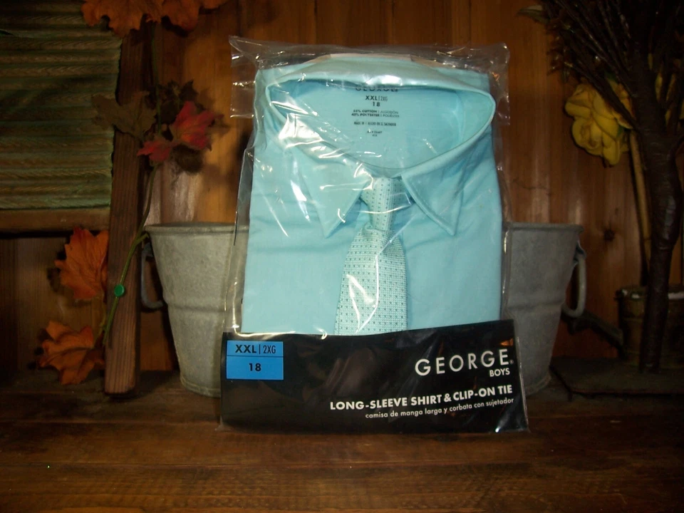 CAMISA DE VESTIR GEORGE BOYS MANGA LARGA CON CLIP EN CORBATA AQUA TALLA XXL 18 FORMAL NUEVA Foto 1 de 1