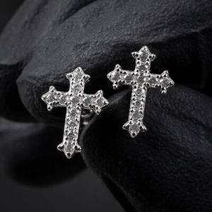 2.50Ct Round Cut Moissanite men's Mini Cross Stud Earrings 14K White Gold Plated - Picture 1 of 6