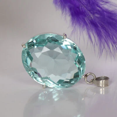 78 Ct Lab Created Oval Shape Aquamarine Solid 925 Silver Pendant Statement Piece - Image 1 of 4