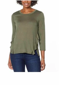 DG2 by Diane Gilman Ruffled Knit Hi-Low Hem Top, Olive, Small, NEW with tag - Picture 1 of 6
