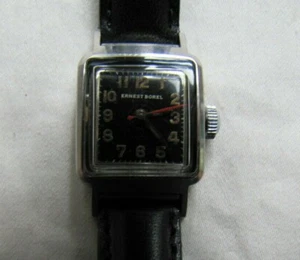 ERNEST BOREL RARE VINT SS SCREWED BACK WP 17J FF62 MAN BLACK MILIT DIAL WOMEN'S - Picture 1 of 12