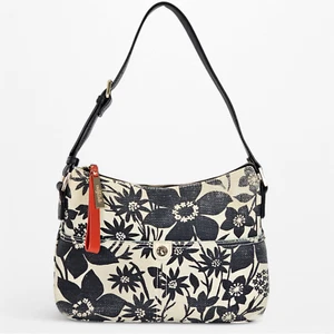 Spartina 449 Linen Leather Privateer Dixie Hobo Zip Shoulder Bag Black Floral - Picture 1 of 21