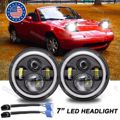 Pair New For 90-97 Mazda NA Miata MX5 MX-5 7inch LED Headlights Halo Angel Eye - Image 1 of 4