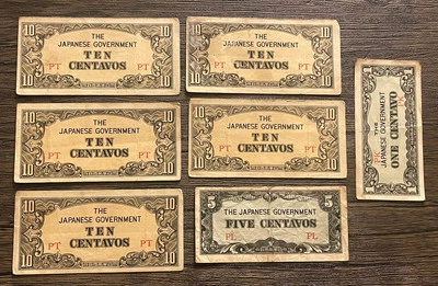 Lote De 7 WWII 1942 Gobierno Japonés Ocupación 1 5 10 Centavos Filipinas Foto 1 de 4
