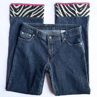 Y2K Low Rise Cuffed Flare Jeans Blue Denim with Zebra Fabric & Pink Trim Sz 4 - Image 1 of 4