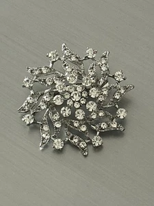 Rhinestone Silvertone Swirled Flower Brooch C Clasp Vintage Clear Stones 2" Pin - Picture 1 of 4