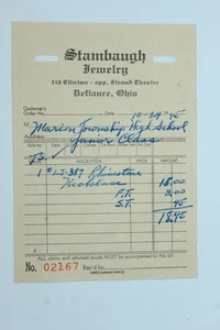 1945 Receipt Stambaugh Jewelry Store Defiance Ohio OH - Picture 1 of 3