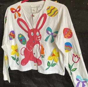 Michael Simon Easter Bunny Cardigan Women’s Medium Hand-Painted Appliqué VTG - Picture 1 of 10