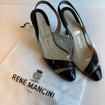 Rene Mancini Mujer Punta Punta Brillante Gatito Tacón Negro Correa Plástico Lado 5.5 Foto 1 de 4