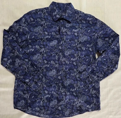 Camisa masculina Tasso Elba média estampa paisley manga longa azul preta - Imagem 1 de 4