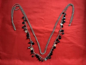Vintage Metal Link Chain Black Silver Plastic Bead 34" Multi Strand Necklace - Picture 1 of 4