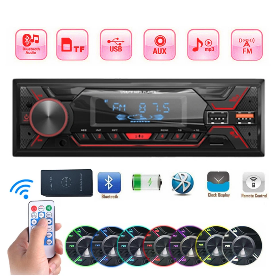 1 Din Autoradio SD RADIO Bluetooth DAB+ FM Aux-In Auto MP3-Player Fernbedienung - Bild 1 von 4