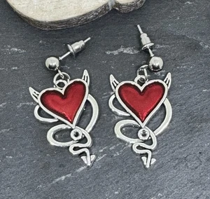 Pair Of Red Devil Heart Stud Earrings Gothic Pagan Drop Dangle - Picture 1 of 5