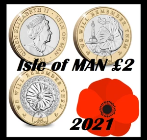 Isle of Man coin £2 Poppy 2021 Rememberance Armistice National Memorial 2 man - Picture 1 of 10