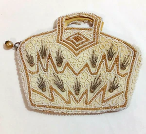 Vintage Ivory Amber Gray Beaded Lined Evening Wedding Purse Bag Childs - Picture 1 of 5