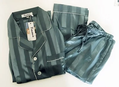 YIMANIE 男式 S 码绿色条纹丝缎 2 PS PAJAMA 套装纽扣弹性 — 第 1/4 张图片