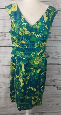 Vestido Evan Picone Azul Verde Acuarela Abstracto Floral Línea A Talla 14 Elástico Foto 1 de 4