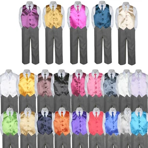 4pc Formal Dark GRAY Pants Shirt Set Satin Vest Necktie Boy Baby Toddler S-7 - Picture 1 of 25