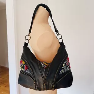 Boville Leather Shoulder Bag Womens Black Handbag Eyelets Zips Handmade Boho - Bild 1 von 24