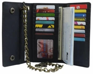 RFID Blocking Mens Tri-fold Long Style Crazy Horse Leather Steel Chain Wallet - Picture 1 of 63