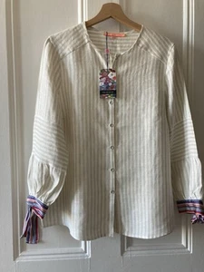 Vilagallo Blouse Top Natural Linen Striped Pattern Embroidery Detail Sz 16 BNWT - Picture 1 of 17