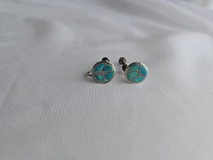 Zuni Native Turquoise Inlay Sterling Silver Handmade Screw On Earrings - Picture 1 of 6