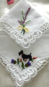2 Vintage Handkerchiefs Hankies French Lace Cotton Embroidered With Dog - Picture 1 of 17
