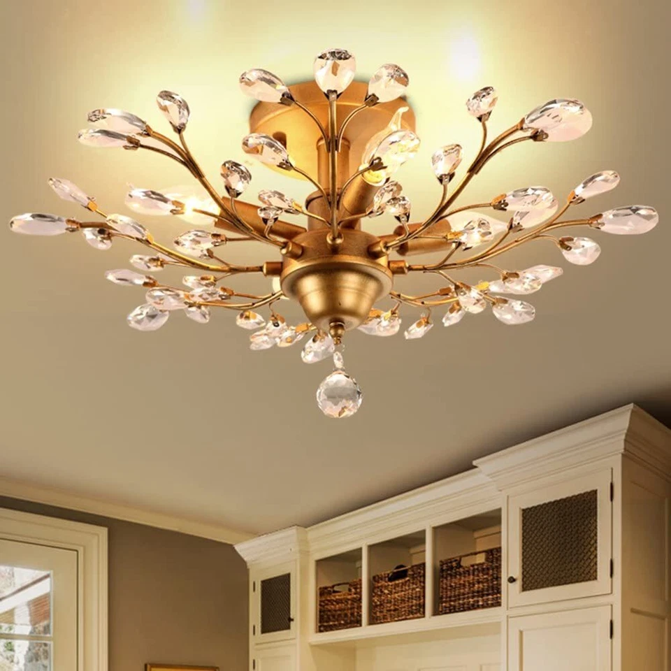 Gold K9 Chandeliers Crystal Ceiling Light Vintage 4-Lights Pendant Lamp Bedroom - Image 1 of 4