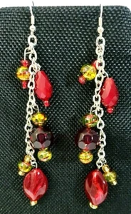 Dangling Earrings Silver Plate Festive Reds Golds Acrylic Beads Handcrafted New - Picture 1 of 4