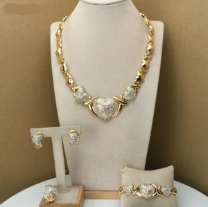 Hugs and Kisses XH 3 CZ Heart Real 14k Gold Necklace with Bracelet Set - Picture 1 of 34
