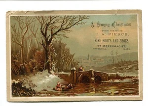 Victorian Trade Card FA PIERCE BOTAS FINAS Y ZAPATOS Haverhill MA Sunny Christmas - Imagen 1 de 2