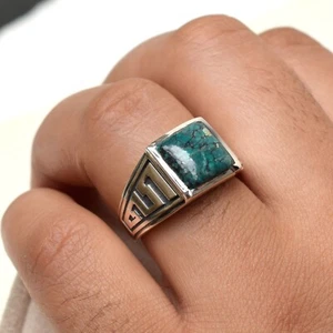 Anello Uomo Turchese Anello Turchese Naturale Tibet Turchese Argento Sterling 925-CR008 - Foto 1 di 3