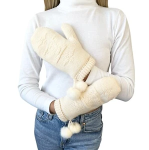 LOUIS VUITTON Vintage LV Logo Knit Gloves Mink Pompons Cream Cashmere - Picture 1 of 10