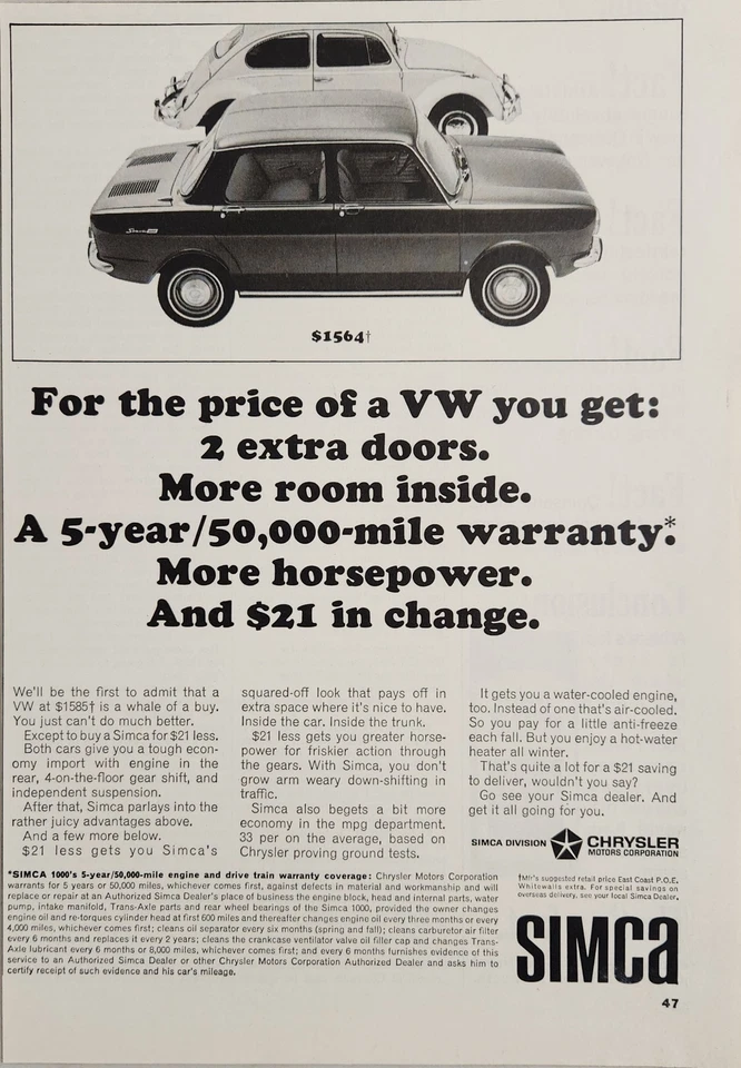 1966 Print Ad Simca 4-Door Cars vs VW Beetle Imported by Chrysler Corp - Image 1 of 1