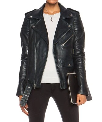 BEST SELLING New Women's Belted Jacket 100% Soft Sheepskin Moto Biker Jacket - Image 1 of 4