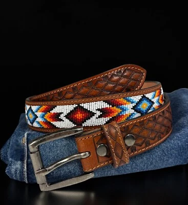 Genuine Leather Beaded Western Men Belt Hand Made Embossed With Removable Buckle - Image 1 of 4