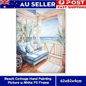Beach Cottage Hand Painting Picture w. White PS Frame Wall Home Decor 62x82x4cm - Picture 1 of 5