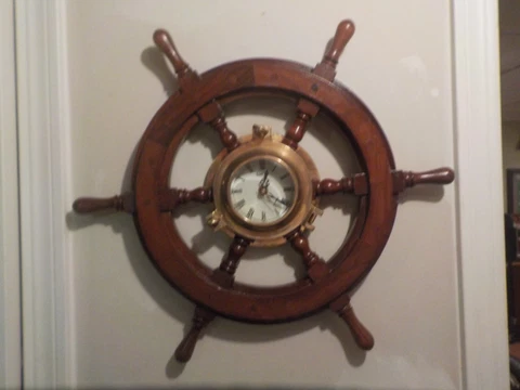 Vintage SMITH Nautical Ships Wheel / Porthole Wooden, Brass Clock, India 18.5" D Cover