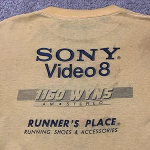 VTG 80s Sony Video 8 Sz SMALL Yellow Short Sleeve Shirt Emmaus DISTRESSED - Picture 1 of 12