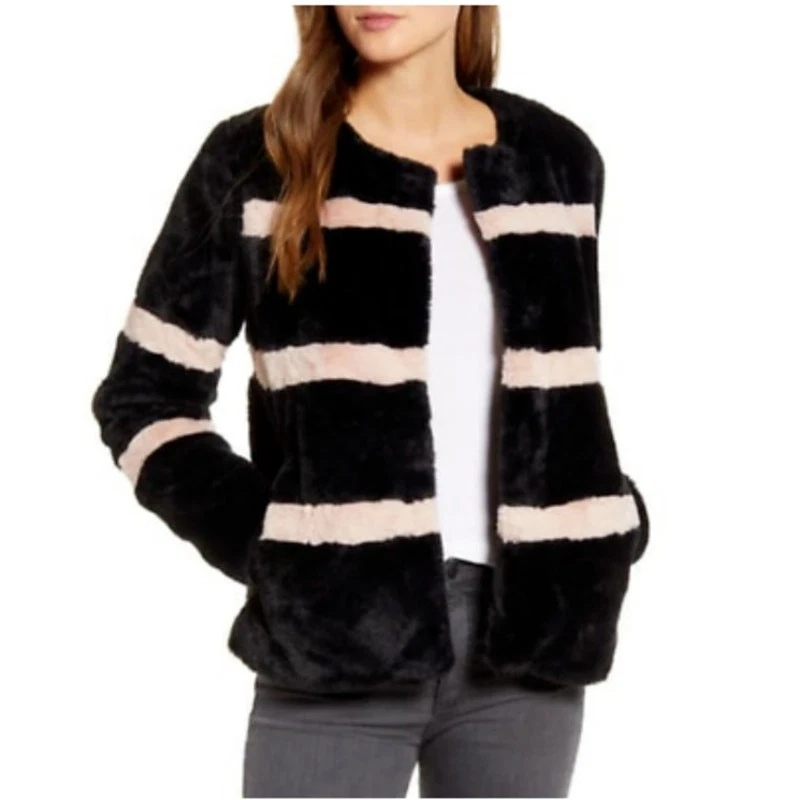 Rachel Parcell Black Pink Stripe Faux Fur Teddy Jacket Coat Black Pink Medium - Image 1 of 4