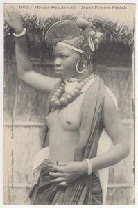 1910 Youthful, Pretty, Naked Black African Foulah Girl - Ornate Hair - Postcard - Picture 1 of 2