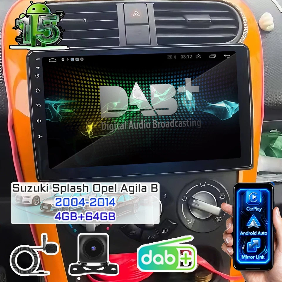 AWASHERO DAB+ Für Suzuki Splash Opel Agila B 2004-2014 Autoradio Android 15 4+64G GPS KAM
